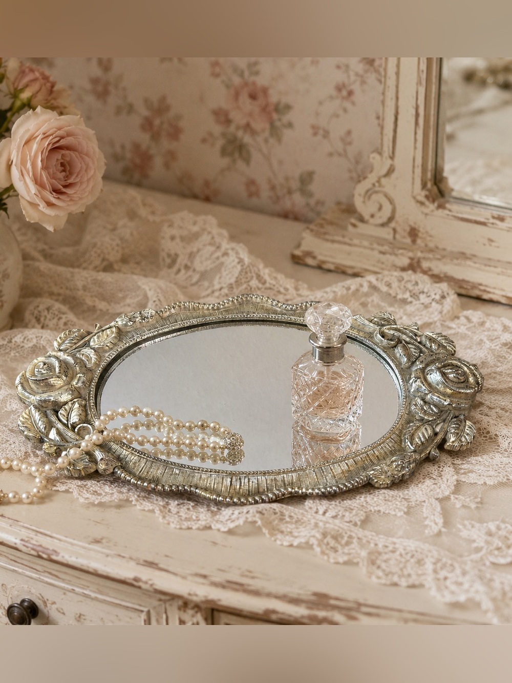 Vintage Silver Tone Rose Floral Mirrored Vanity Tray Hollywood Regency